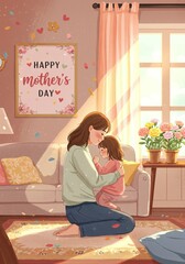 A warm Mother's Day illustration showing a mother hugging her child in a cozy sunlit living room filled with love.