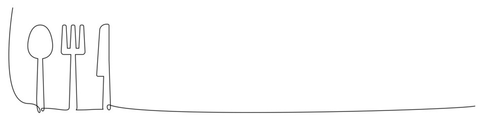 Continuous line cutlery icon vector showing spoon, fork, and knife in minimal style. Ideal for restaurant identity, food branding, kitchenware design, and culinary business graphics.