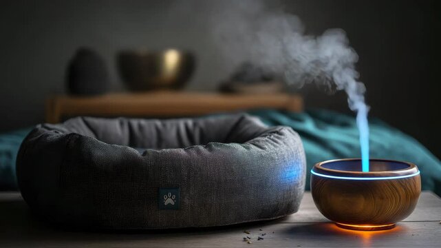 Serene scene of aromatherapy diffuser emitting vapor near a plush pet bed. Dark, moody lighting enhances the calming atmosphere. Neutral color palette with hints of teal and warm metallics.