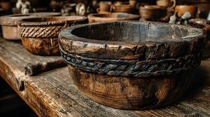 Fototapeta premium Close-up of intricately carved antique wooden bowls on a rustic wooden table. The image evokes a sense of history and craftsmanship.