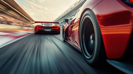 A dynamic low-angle shot of two high-performance sports cars racing side by side, with motion blur emphasizing speed and excitement as one car overtakes the other on a professional race track 