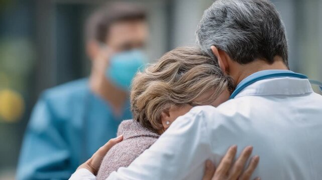 A real human moment as a physician comforts a grieving family member, medical care with emotional support

