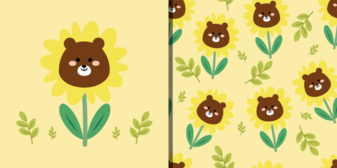 Fototapeta premium Card and seamless pattern with cute cartoon brown bears and orange flowers, for fabric prints, textiles, gift wrapping paper. children's colorful flat style