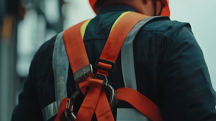 Worker Wearing Safety Harness and Hard Hat