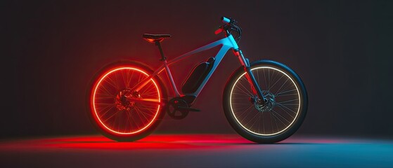 Fototapeta premium A sleek electric bike with illuminated wheels, positioned against a dark background, showcasing modern design and technology, ideal for urban commuting and nighttime rides