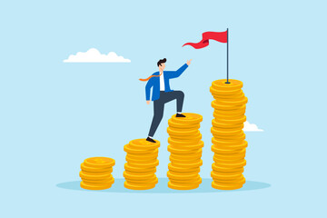 Flat illustration of businessman climb money coin stack to achieve red target flag financial goal achievement investment plan salary growth
