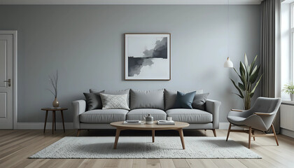 Scandi living room interior with grey, big sofa in the center and modern picture on the wall
