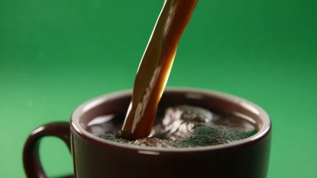 Pouring Brewed Coffee: The dark, rich stream of brewed coffee cascades into a warm mug, against a clean backdrop. a perfect moment to savour