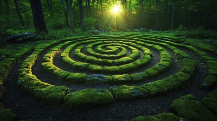 Naklejka premium Spiral stone path design in a lush forest setting.