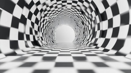 Naklejka premium Checkerboard Tunnel no objects Abstract 3D render Perspective view Curved lines Endless journey White light backdrop High contrast monochrome Ideal for design backgrounds