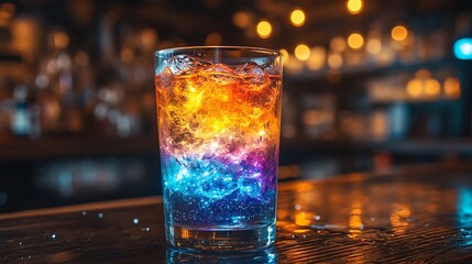 Vibrant Layered Cocktail Drink in Glass Illuminated Bar Background Nightlife