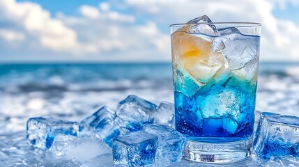 Refreshing Blue Ocean Cocktail Drink with Ice Cubes on Beach