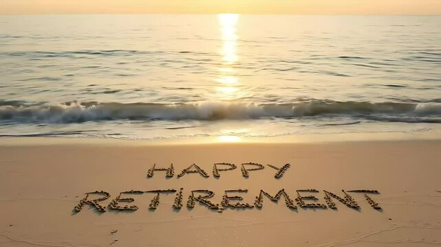Happy retirement message etched in sand on scenic ocean beach, welcoming new life adventures. Celebrate relaxing vacation. Seaside scene, sunny day with calm waves, joy, freedom, positive emotions