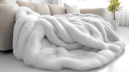 Luxurious Soft White Faux Fur Throw Blanket on Sofa Cozy Home Decor