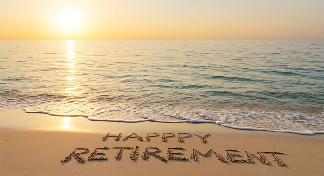 Happy retirement message etched in sand on scenic ocean beach, welcoming new life adventures. Celebrate relaxing vacation. Seaside scene, sunny day with calm waves, joy, freedom, positive emotions - Powered by Adobe
