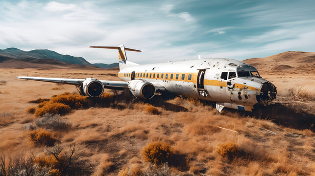 An old, rusted airplane sits in a desert landscape, with mountains in the background. - Powered by Adobe