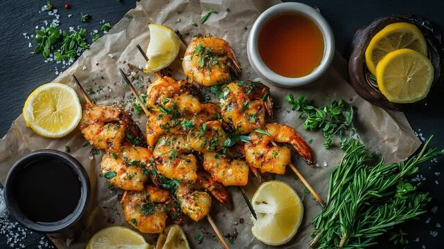Succulent Shrimp Skewers with Lemon and Dipping Sauce: A tantalizing overhead shot of beautifully grilled shrimp skewers, garnished with fresh herbs.