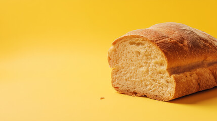 Freshly sliced loaf of bread placed on a vibrant yellow background, ideal for food concepts, bakery promotions, or minimalist design themes.

