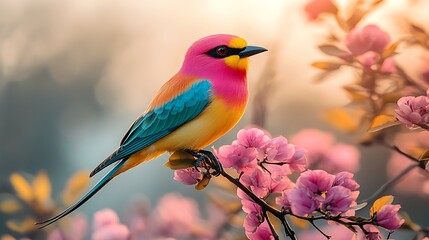 Fototapeta premium Vibrant Rainbow Colored Bird Perched on Pink Blossoms Spring Nature Scene
