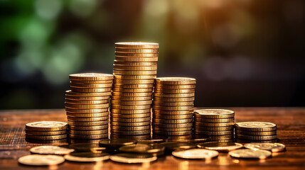 A stack of coins on a wooden table with a blurred green background.