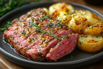 Sliced ribeye steak, roasted potatoes, thyme. Restaurant menu image