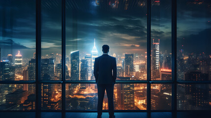 A man in a suit standing in front of a large window overlooking a city skyline at night.