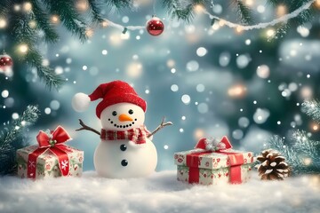 Obraz premium Festive Christmas Winter Background with Funny Snowman and Cheerful Decorations