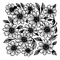 Intricate floral arrangement in black and white with a dense botanical style
