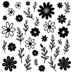 Whimsical hand-drawn flower and foliage pattern, a simple monochrome illustration