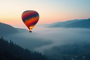Obraz premium A vibrant hot air balloon floats above fog-covered mountains at sunrise, creating a serene and picturesque landscape.
