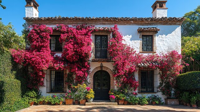 Charming Spanish-style house facade adorned with vibrant bougainvillea.