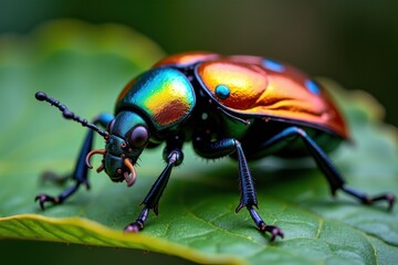 A vibrant, iridescent beetle rests on a green leaf, showcasing colorful patterns and intricate details in its body structure.