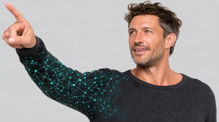 Man connecting the dots, visualizing a complex network of interconnected points and lines