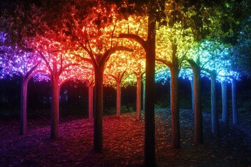 Fototapeta premium Vibrant illuminated trees arching over a serene path in a magical forest, showcasing a spectrum of colors in the foliage, creating a whimsical atmosphere for evening strolls