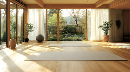 Fototapeta premium Serene yoga studio with natural light streaming through large windows, showcasing minimalist design and peaceful atmosphere. Perfect for wellness, mindfulness, and healthy lifestyle concepts.