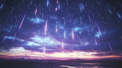 Enchanting Night Sky with Colorful Meteor Shower over Calm Water and Distant Mountains at Twilight