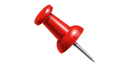 A close up view of a single red push pin with a silver needle on a plain black background space