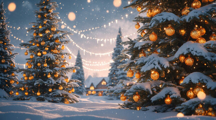 A snowy winter night landscape features a decorated Christmas tree amidst falling snowflakes, a perfect holiday card illustration____