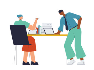 Male employees teach female employees in the office. Busy People illustration. Flat vector illustration concept.