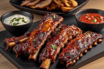 Delicious BBQ ribs on a dark plate with sides