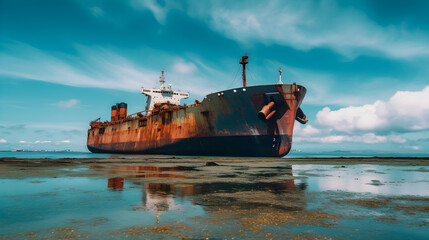 An old, rusted shipwreck on a beach with a cloudy blue sky in the background.