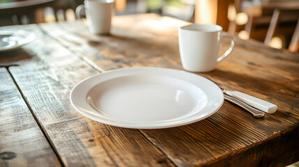 Fototapeta premium Rustic wooden table setting with empty white plate, mug, and cutlery, ready for a meal. Perfect for restaurant, cafe, or food blog imagery.