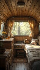 Fototapeta premium Cozy Campervan Interior with Cat Sunlit Wood Cabin Forest View