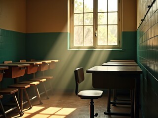 A sunlit classroom with empty desks and a chair, creating a serene and nostalgic atmosphere.