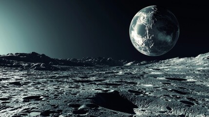Surreal view of alien planet above a lunar landscape with craters and rugged terrain under a starry night sky