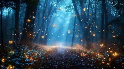 A mystical enchanted forest with glowing fireflies and magical blue mist