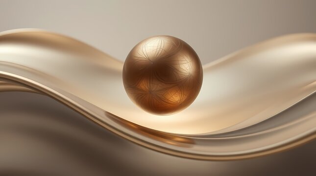 A cast bronze sphere, antique patina finish, floats amid smooth flowing light waves. Elegant, minimalistic style emphasizing the metallic texture and antique look