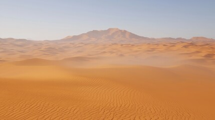 Fototapeta na wymiar Vast Golden Sand Dunes Under Clear Sky with Distant Mountain View in Desert Landscape