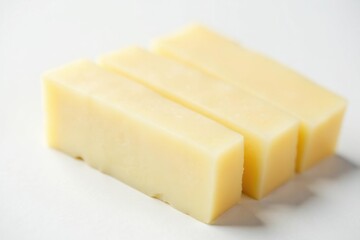 Close up of sliced white cheese on white background , product shot, smooth, studio