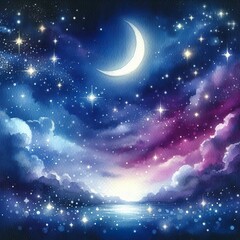 Naklejka premium watercolor, background, moon, illustration, night, sky, abstract, star, design, space, galaxy, vector, art, texture, card, template, dark, stars, modern, invitation, wedding, gold, poster, frame